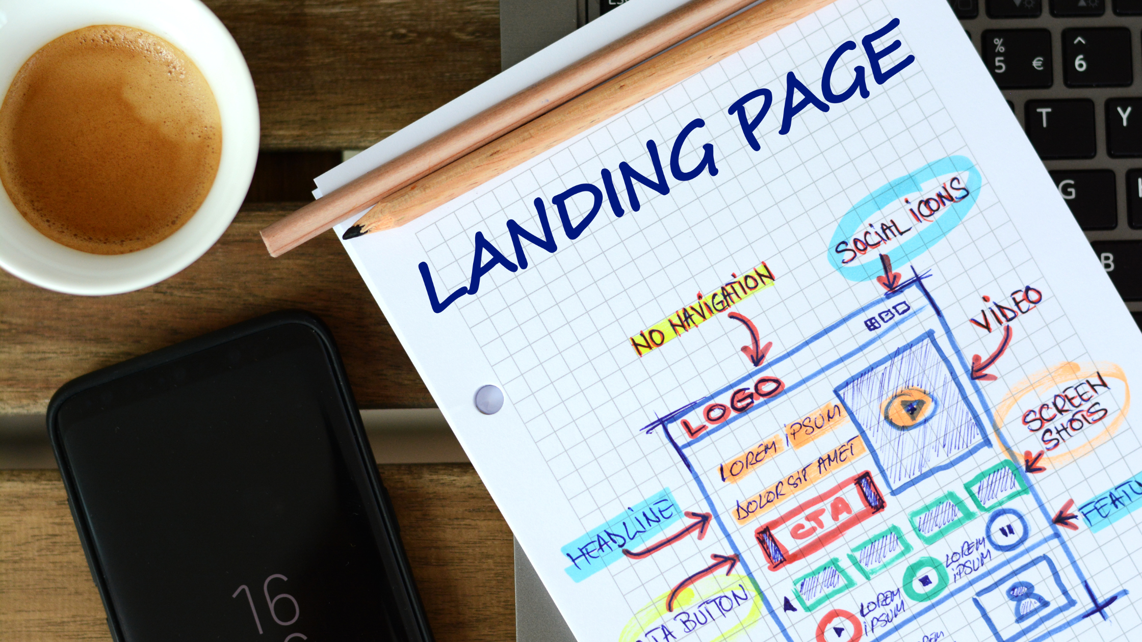Paper with a sketched out design for a landing page