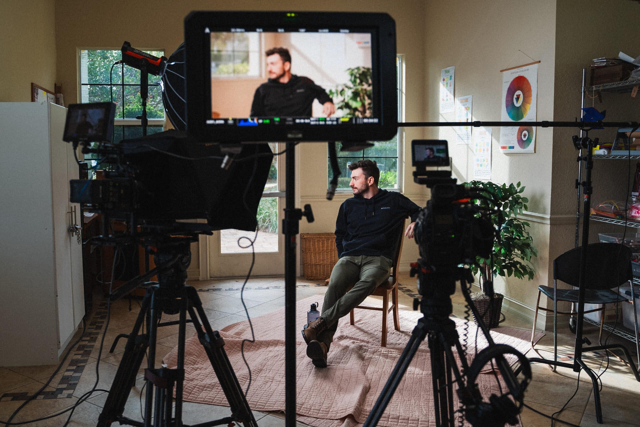 Video equipment capturing someone sitting in a chair for an on-camera interview
