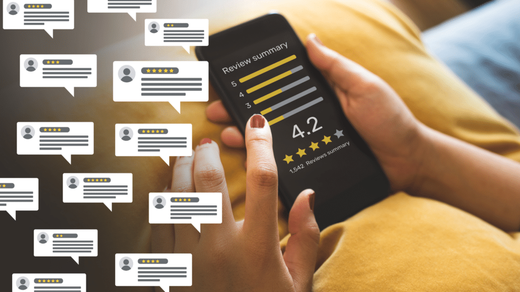 Person viewing reviews on a cell phone