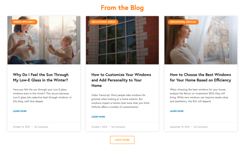 Screenshot of SoftLite Windows' blog feed from their website home page. It includes topics such as "Why do I feel the sun through my low-e glass in the winter," "How to customize your windows," and "How to choose the best windows for your home based on energy efficiency."