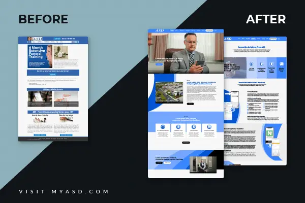Before and after screenshots of an outdated website design compared to a modern website design