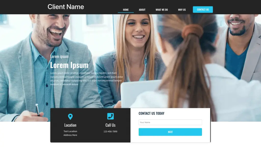 White text over a header image of people smiling on a website.