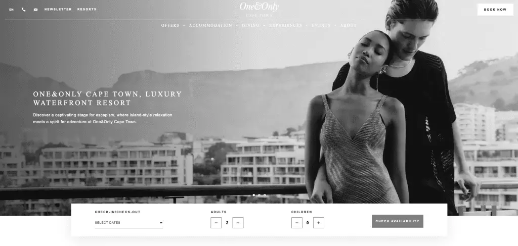 Header section of the One and Only Cape Town hotel website