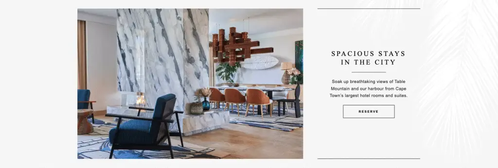 One and Only hotel website section with leaf pattern in the background and thin lines
