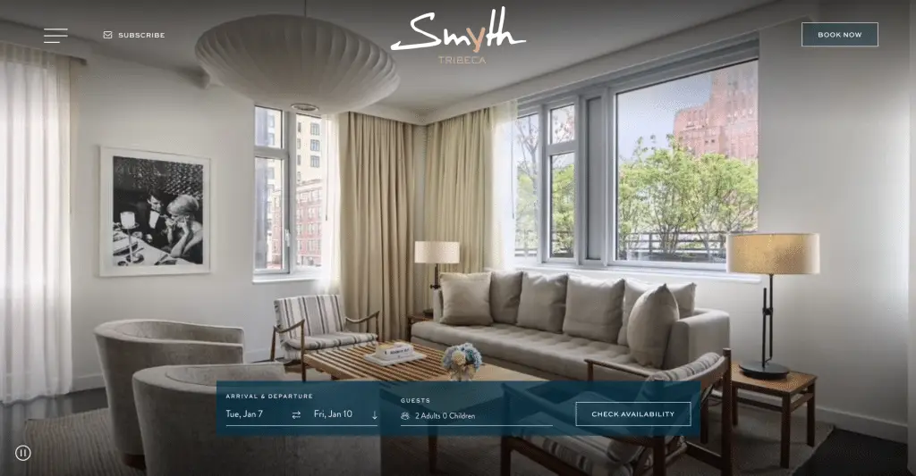 Header section of the Smyth Tribeca hotel website