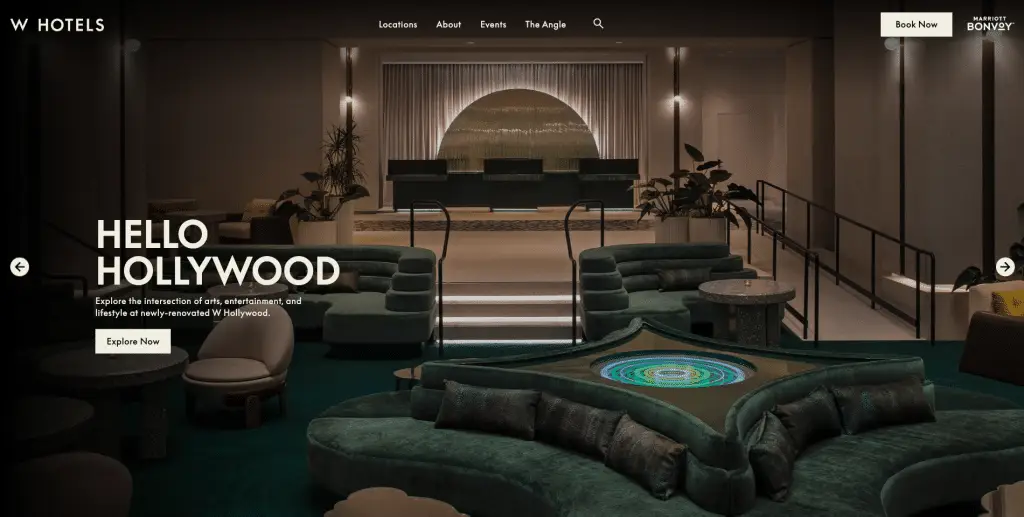 W Hotels website header section