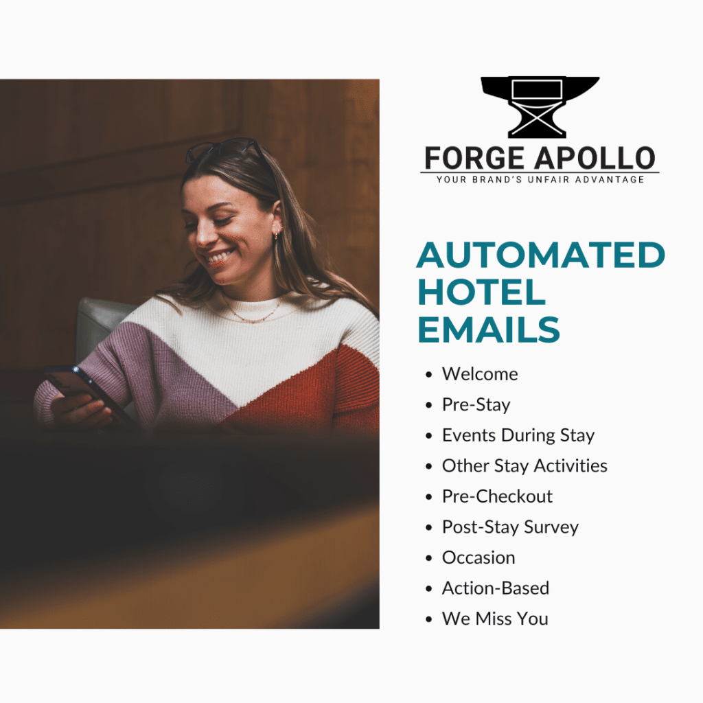 Automated hotel emails. Welcome, pre-stay, events during stay, other stay activities, pre-checkout, post-stay survey, occasion, action-based, we miss you.