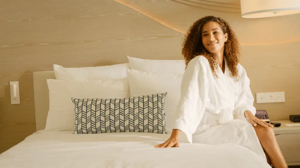 Woman in a hotel room
