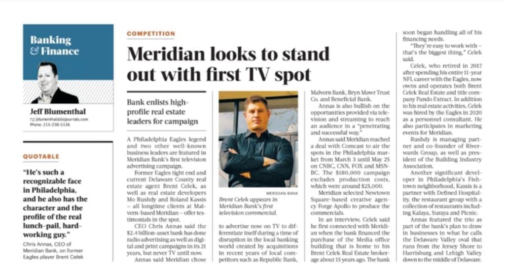"Meridian Looks to stand out with first TV Spot" article with a mention of Forge Apollo being the video production company in it.