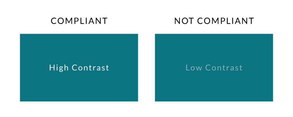 Two blocks of color, one with high enough contrast text on it to be ADA compliant, the other with low contrast text that's not compliant