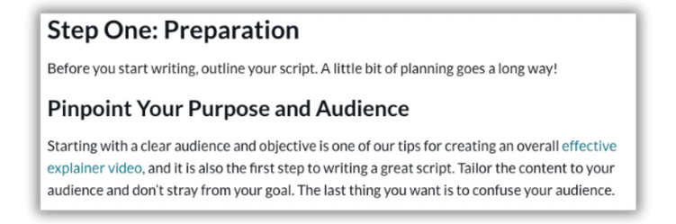 Blog section with a heading, line of text, subheading, and paragraph with a link in it.