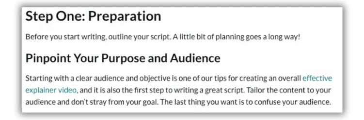 Blog section with a heading, line of text, subheading, and paragraph with a link in it.