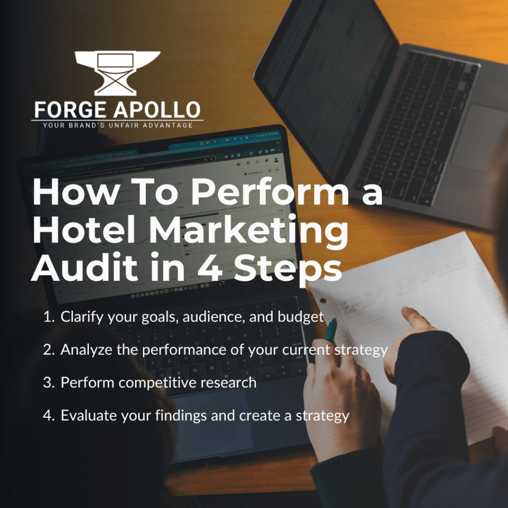 How to perform a hotel marketing audit in four steps. Step one, clarify your goals, audience, and budget. Step two, analyze the performance of your current strategy. Step three, perform competitive research. Step four, evaluate your findings and create a strategy.