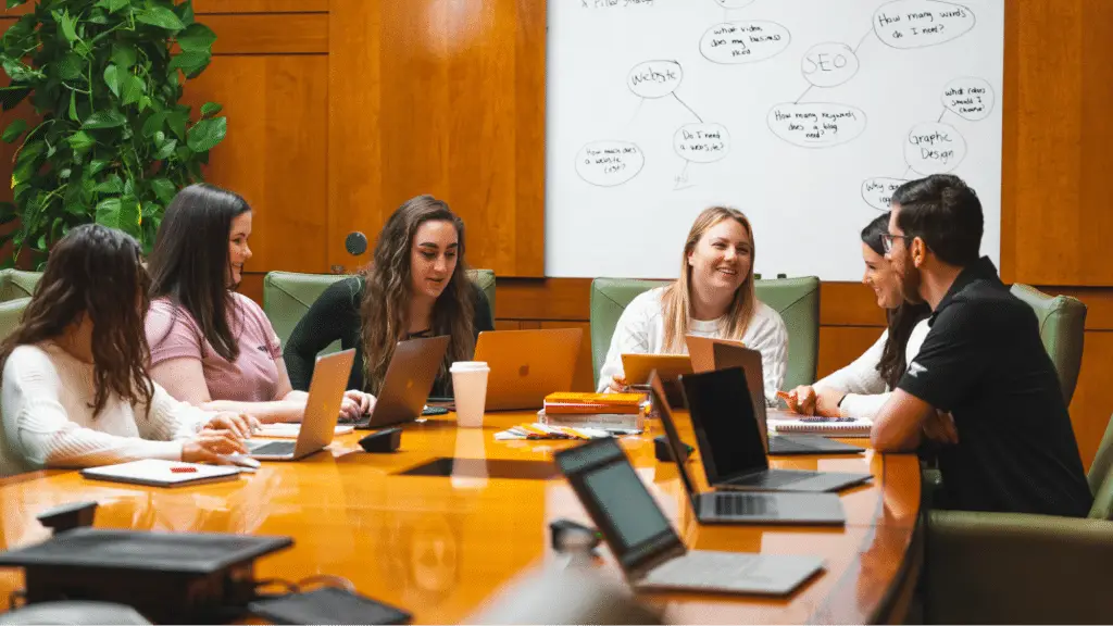 Team of marketers discussing a marketing audit in a conference room.