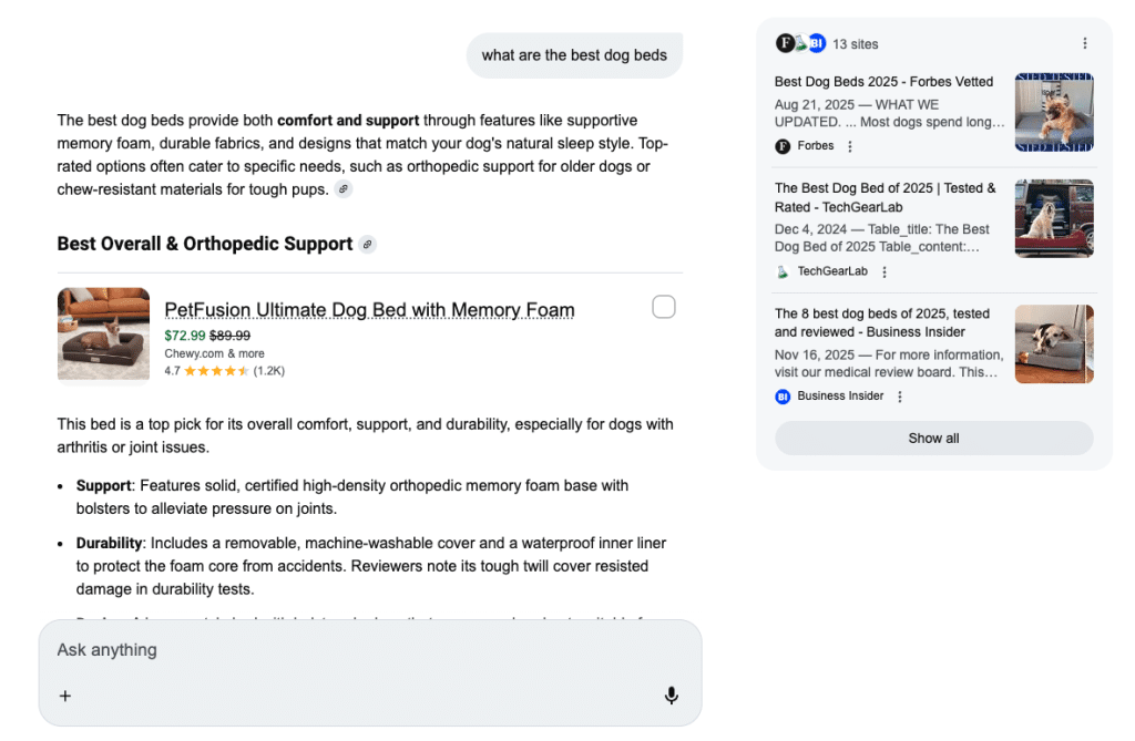 Screenshot of Google AI mode for the query "what are the best dog beds" showing summarized snippets with citations and the ability to ask a follow up question and continue the chat.