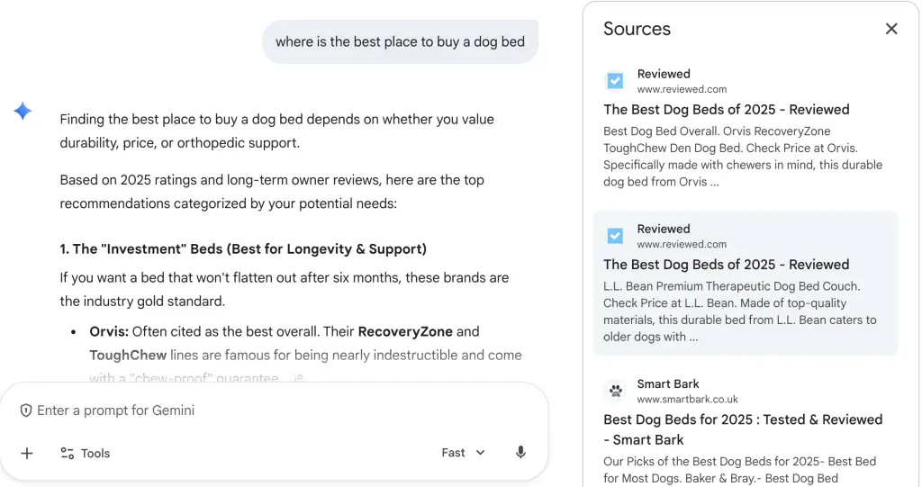 Screenshot of Google Gemini's linked sources for dog beds
