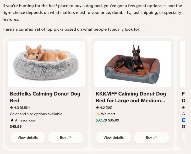Screenshot of Microsoft Copilot linking out to dog beds