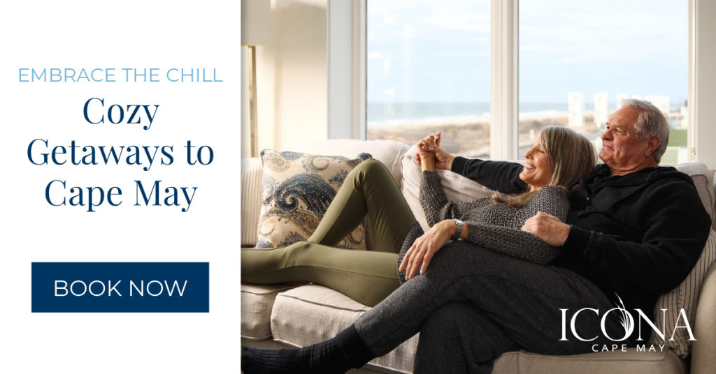 Cozy season PPC ad for ICONA Cape May featuring a photo of a couple curled up on a couch with the text "Embrace the Chill. Cozy Getaways to Cape May. Book Now."