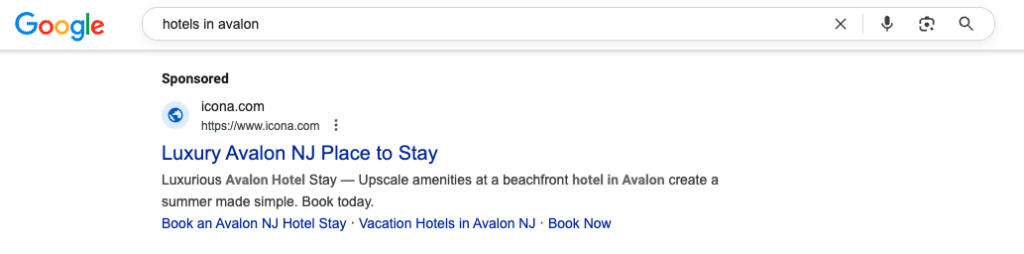 Screenshot of a google search for "hotels in avalon" with a PPC ad below it that has the headline "Luxury Avalon NJ Place to Stay"