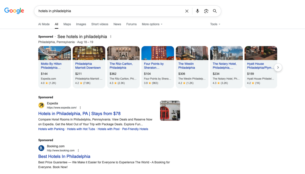 A screenshot of a search results page for the search "hotels in Philadelphia," showing a horizontal line of PPC hotel ads and two sponsored search ppc ads