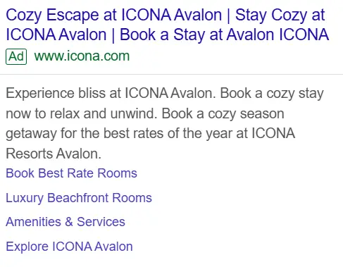Screenshot of a text-based PPC ad for a hotel called ICONA Avalon. The headline says "Cozy Escape at ICONA Avalon | Stay Cozy at ICONA Avalon | Book a Stay at Avalon ICONA" and the description says "Experience bliss at ICONA Avalon. Book a cozy stay now to relax and unwind. Book a cozy season getaway for the best rates of the year at ICONA Resorts Avalon."
