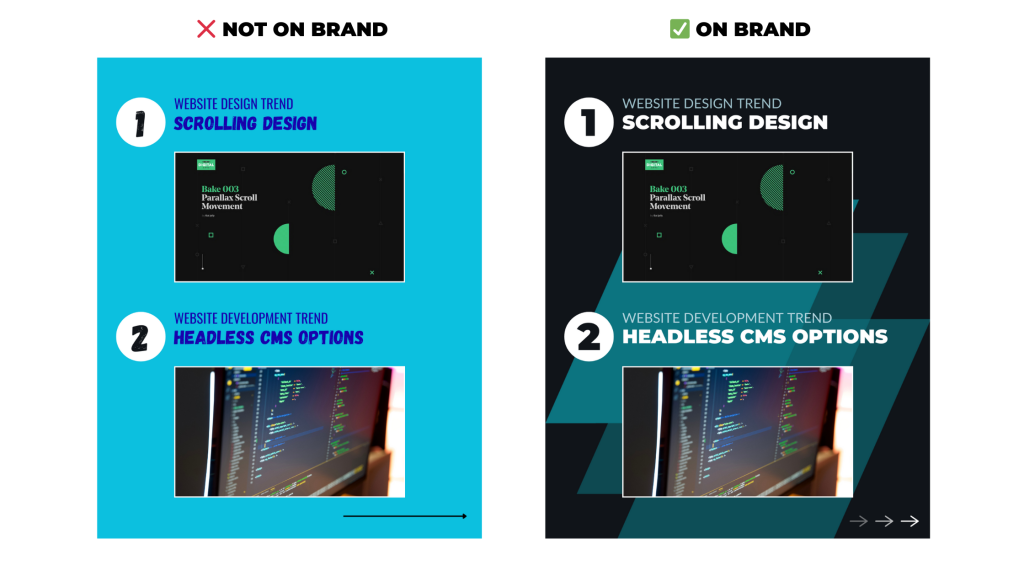One graphic uses random colors, fonts, and design elements, while the other graphic uses colors, fonts, and design elements in line with Forge Apollo's branding.