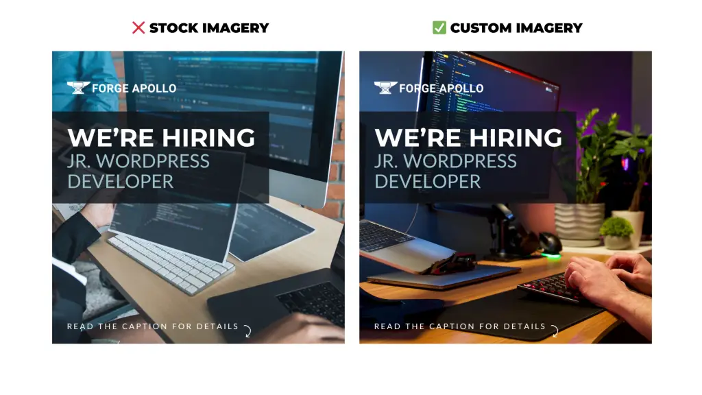 One graphic uses a stock image of a website developer's workstation, while the other uses a custom image of a website developer's workstation.