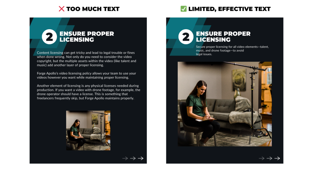 One graphic shows too much text with multiple paragraphs, while the other graphic uses only a few lines of text.