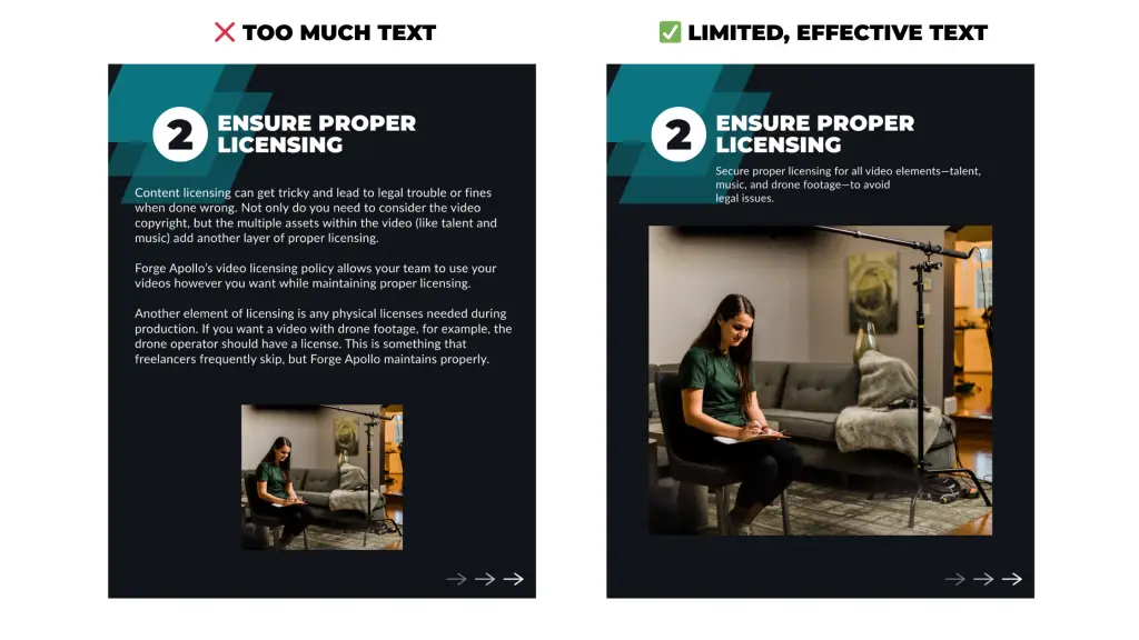 One graphic shows too much text with multiple paragraphs, while the other graphic uses only a few lines of text.