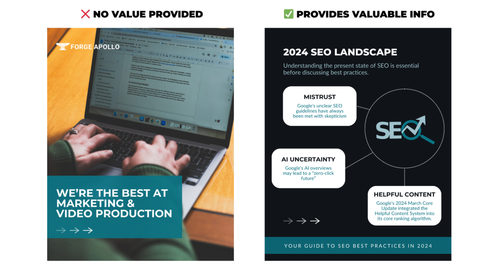 One graphic simply says "We're the best at marketing and video production," while the other graphic lays out the SEO landscape in 2024.
