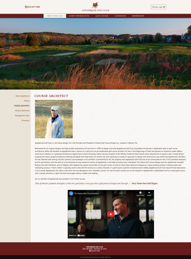 Applebrook Golf Club's course architect page featuring a video.