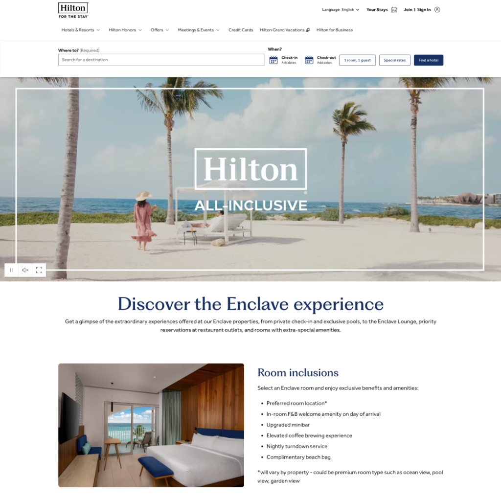 Hilton Enclave web page with a brand explainer video at the top