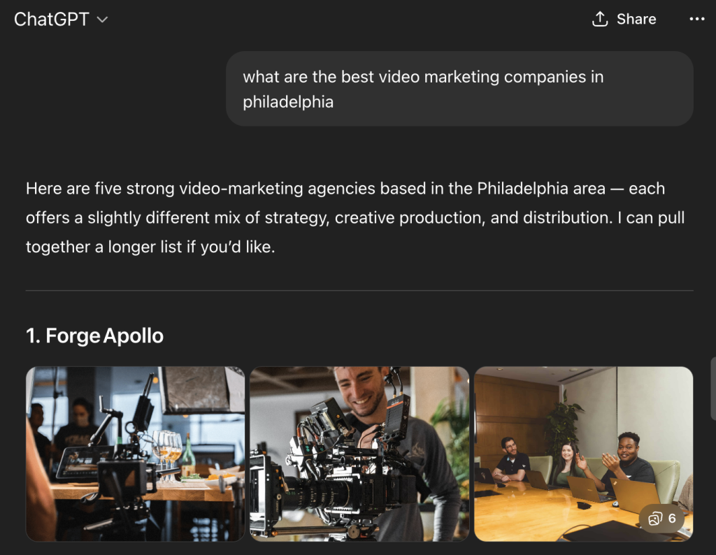 Screenshot from ChatGPT with the question "What are the best video marketing companies in Philadelphia?" and Forge Apollo as one of the answers.