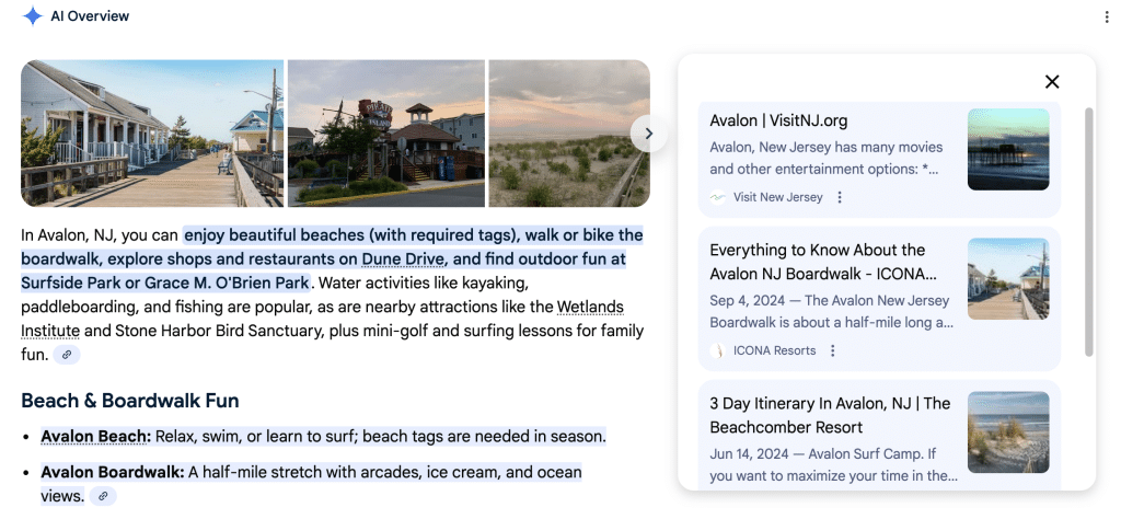 Screenshot of the Google AI Overview for the search "what to do in Avalon, NJ" showing an ICONA blog as one of the cited sources