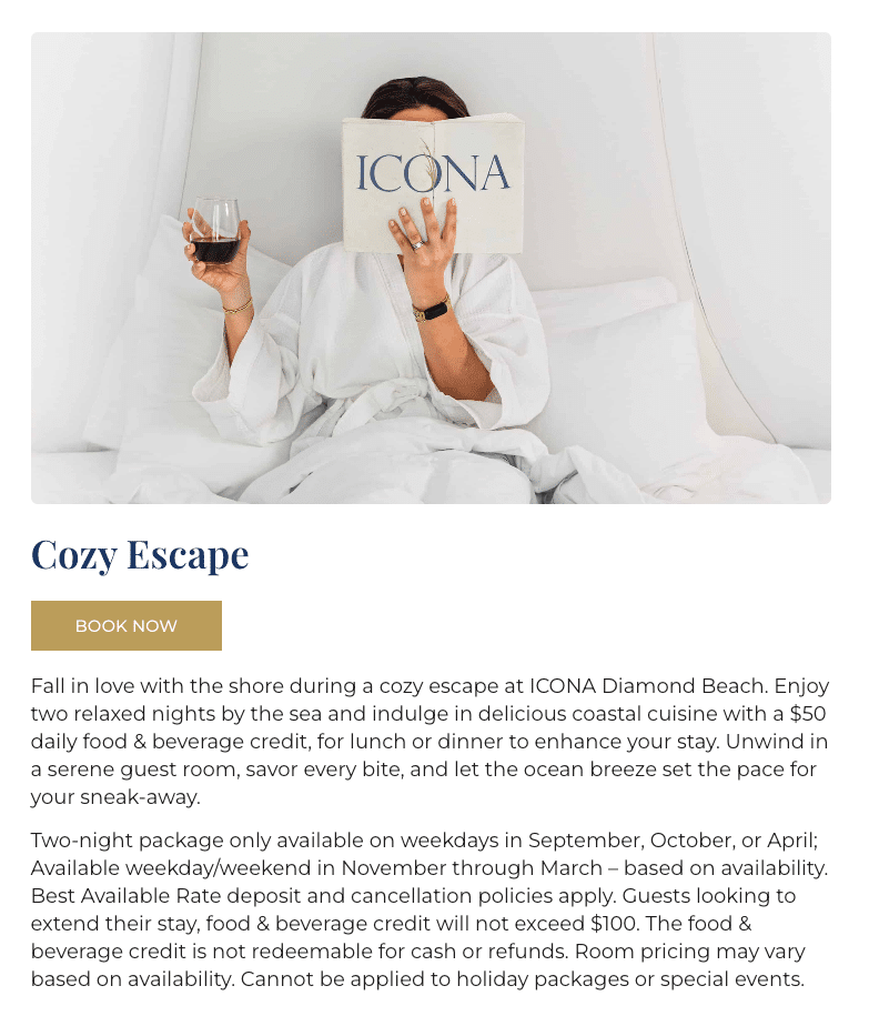 Screenshot of ICONA Resorts' Cozy Escape package