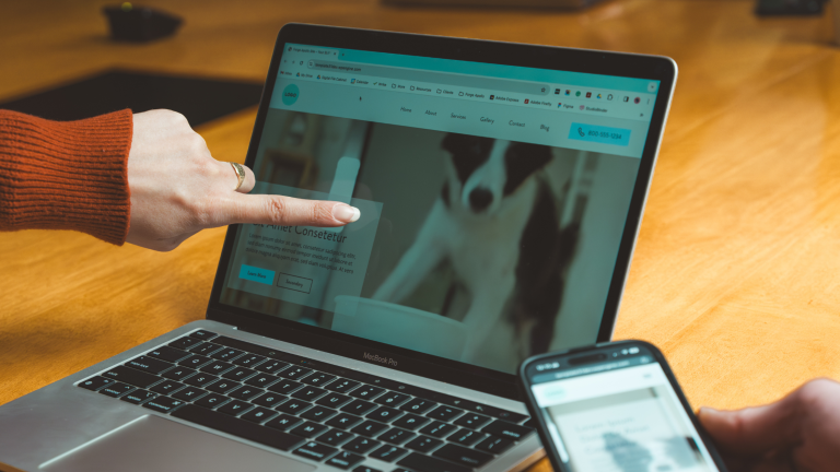 A Philadelphia website designer pointing to a video banner on a website on a laptop screen