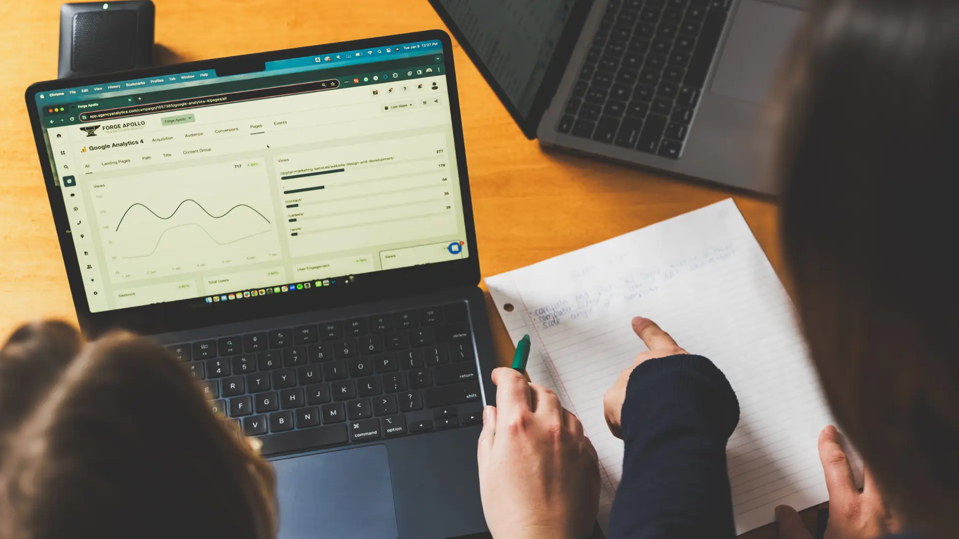 Employees working together on analytics